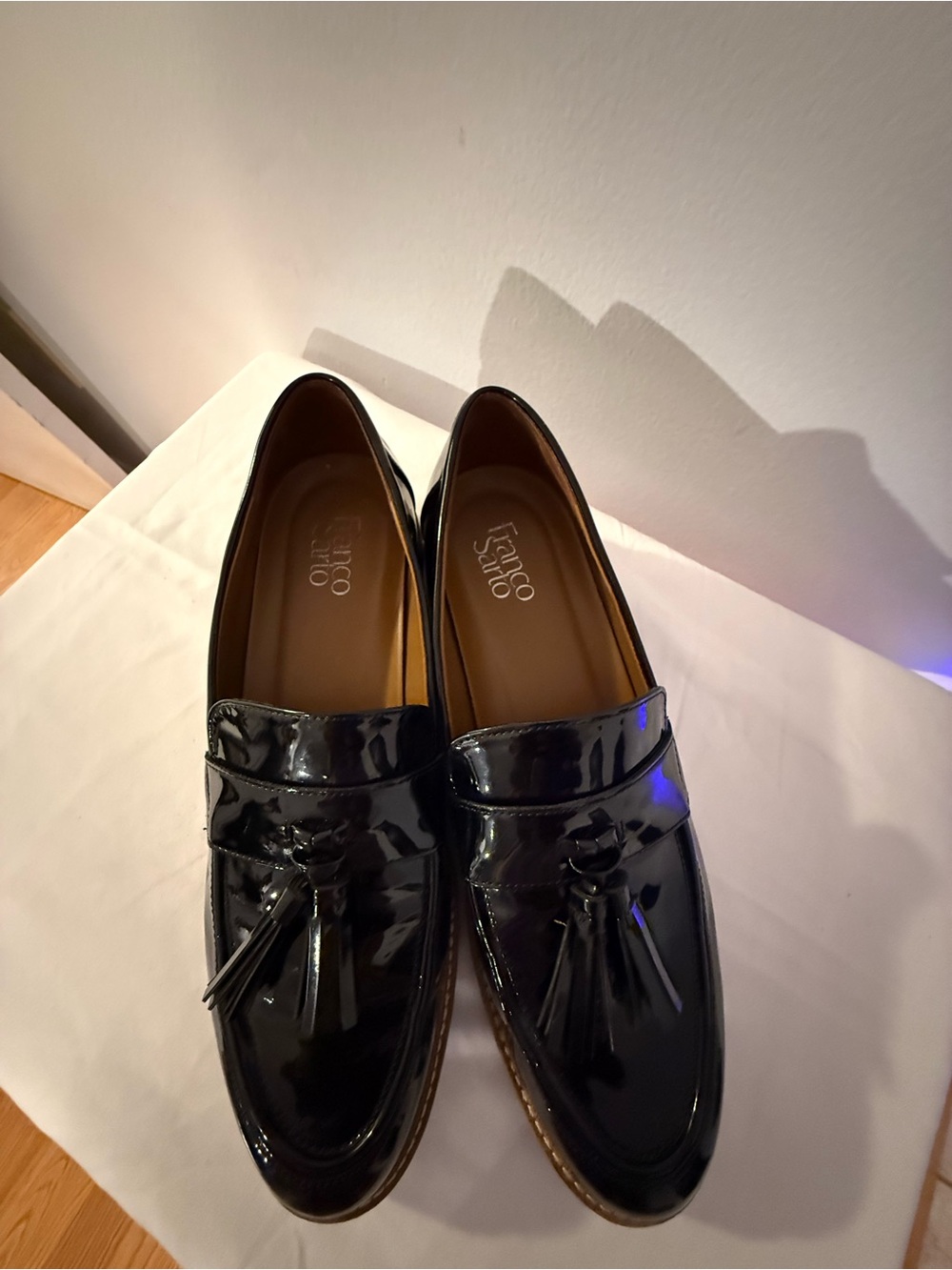 Franco Sarto Black Patent Tassel Penny Loafers
